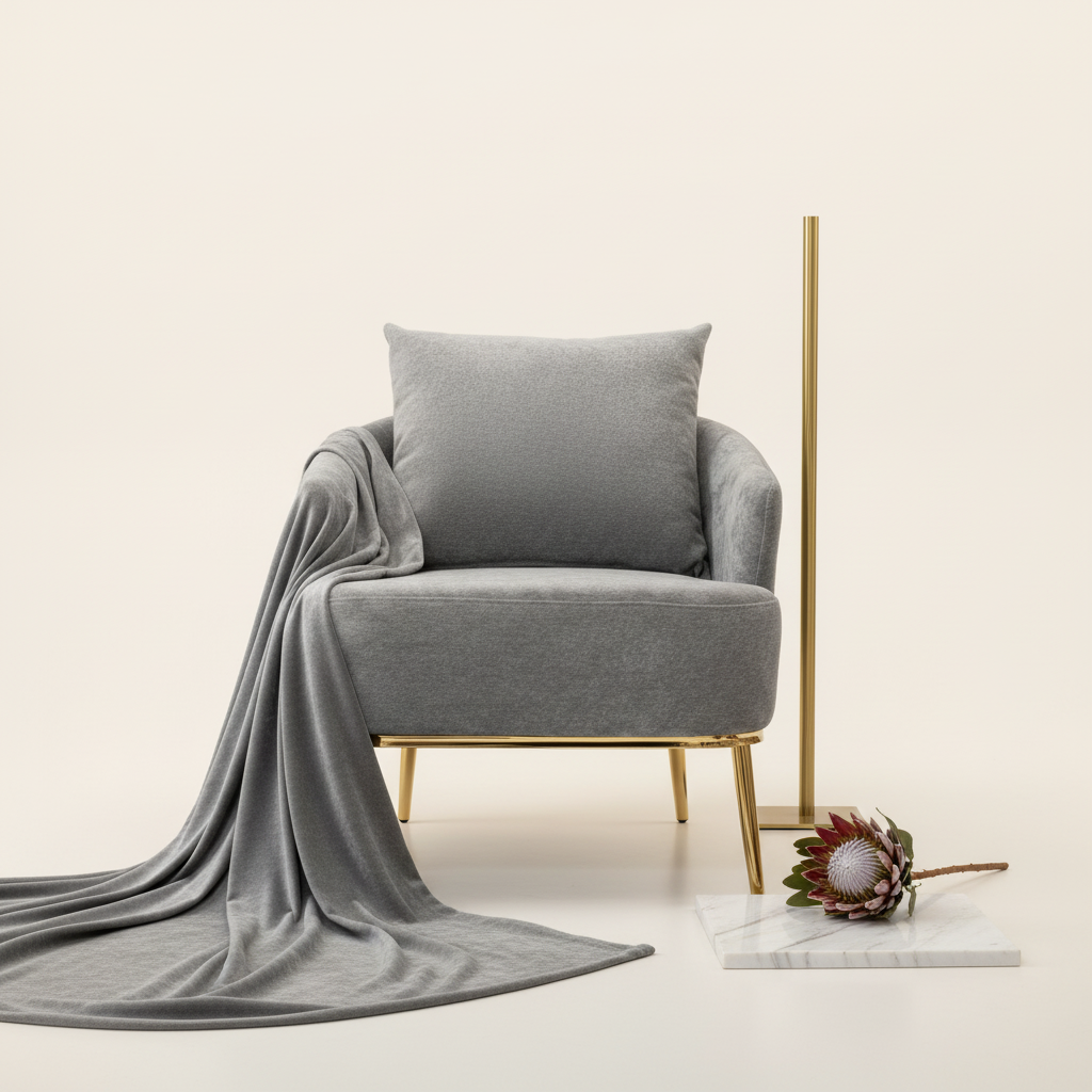 Refined Slate Gray Velvet Occasional Chair with Matching Lumbar Pillow and Polished Gold Frame"